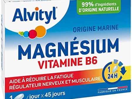 Alvityl Magnesio + Vitamina B6 - Origen marino - ayuda a reducir la fatiga - desde 12 años - 45 tabletas Embalaje Deteriorado Supply